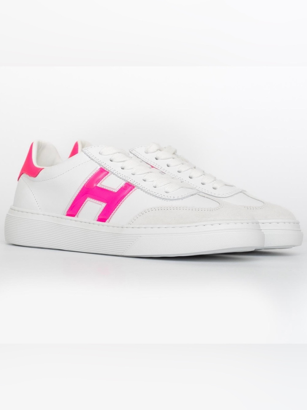Hogan White Leather Sneakers with Hot Pink Accents